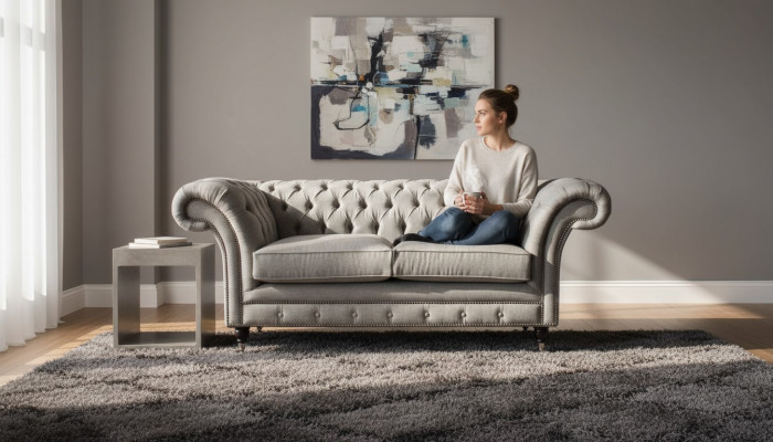 Sofa Chesterfield Szara 2 Siedziba Kanapa Drewno Meble Kanapy Trzyosobowe Nowość