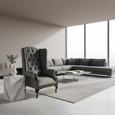 EarsFotel Chesterfield Fotel Couch 1 miejsce siedzące Gray Material Włókienniczy Nowość