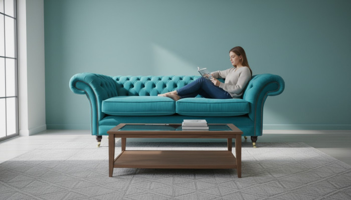 Chesterfield Trzyosobowa niebieska materiałowa sofa do salonu Podkładka Sofa