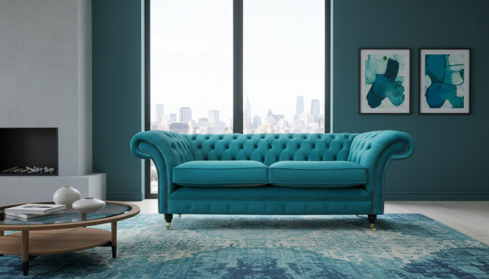 Chesterfield Trzyosobowa niebieska materiałowa sofa do salonu Podkładka Sofa