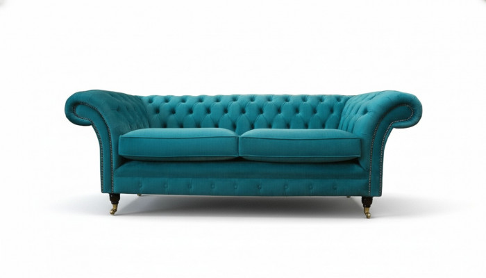 Chesterfield Trzyosobowa niebieska materiałowa sofa do salonu Podkładka Sofa