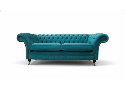 Chesterfield Trzyosobowa niebieska materiałowa sofa do salonu Podkładka Sofa
