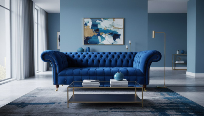 Sofa trzyosobowa Blue Chesterfield 3 miejsce do siedzenia, luksusowe sofy włókiennicze