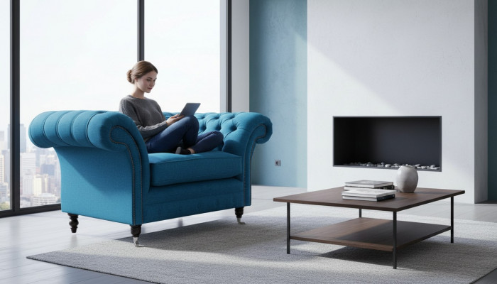 Blue Chesterfield Fotel Podkładka Sofa Kanapy 1,5 miejsca siedzące Jednoosobowa Włókienniczy