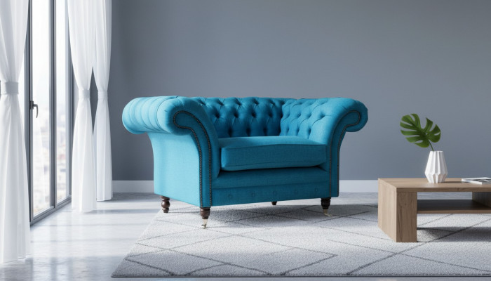 Blue Chesterfield Fotel Podkładka Sofa Kanapy 1,5 miejsca siedzące Jednoosobowa Włókienniczy