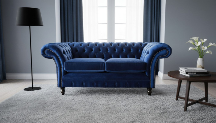Chesterfield Meble biurowe Sofa Kanapa 2 Siedziba Włókienniczy Blue