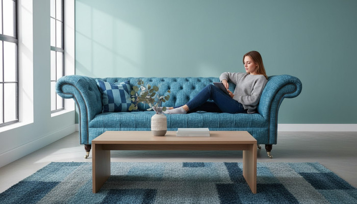 Niebieska trzyosobowa kanapa Aksamit kanapy do salonu sofa meble do siedzenia sofa Chesterfield
