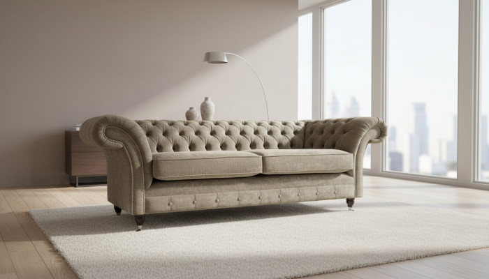 Trzyosobowa Sofa Chesterfield 3 Siedziba Sofy Szary Materiał Salon Luksus