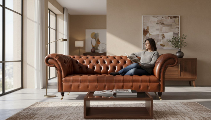 Chesterfield Sofa 3 miejsce do siedzenia Brown Modern Podkładka Skóra Living Room Design