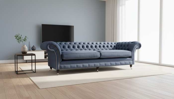 Designerska Sofa Chesterfield 4 miejsce do siedzenia Material Couch Blue Podkładka Living Room