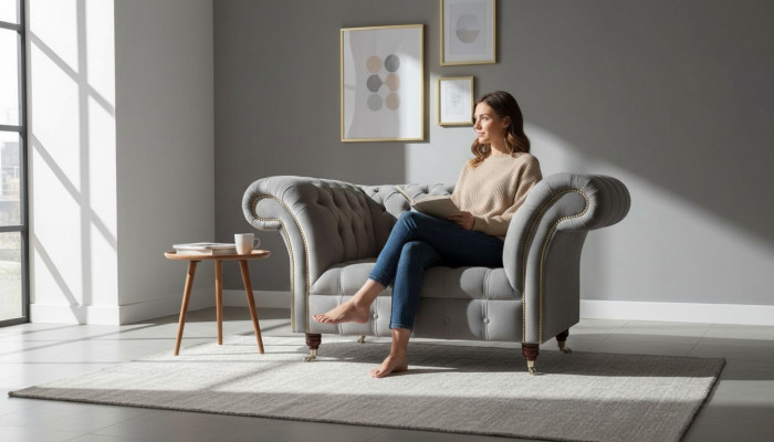 Szary Chesterfield Ears Fotel Szary Fotel Sofa materiałowa do salonu