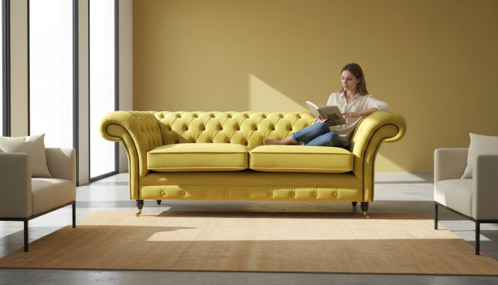 Włókienniczy 3 miejsce do siedzenia Blue Material Design Couch Podkładka 230cm Sofa Chesterfield