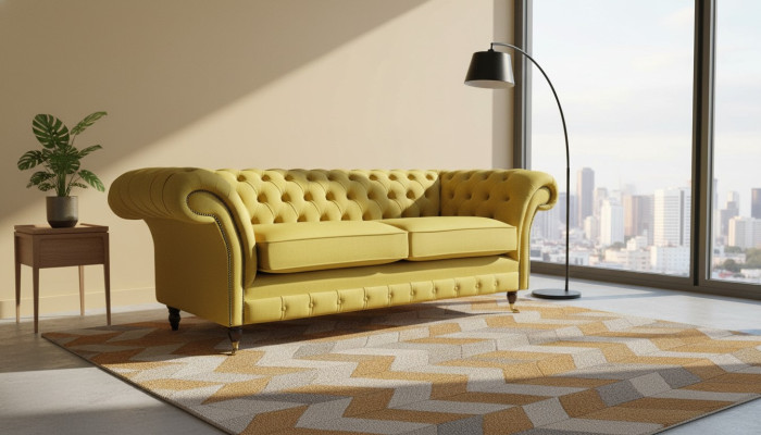 Włókienniczy 3 miejsce do siedzenia Blue Material Design Couch Podkładka 230cm Sofa Chesterfield