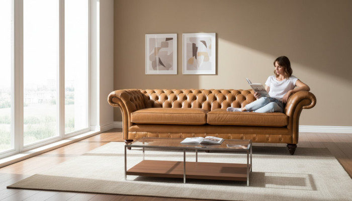 Sofa 4 miejsce do siedzenia Sofa Podkładka Chesterfield Sofa Siedziba Skóra Design Brown Meble