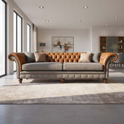 Klasyczna 4-miejsce do siedzenia Chesterfield w kolorze brązowym - wysokiej jakości Włókienniczy I elegancki skórzany design