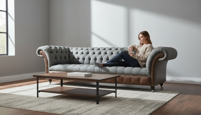 English Chesterfield Luxury Włókienniczy Sofa 4 miejsce do siedzenia Sofa Podkładka Design Fabric Sofas