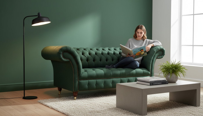 Chesterfield Sofa 2 miejsce do siedzenia Podkładka Sofy Green Luxury Fabric Sofy Włókienniczy