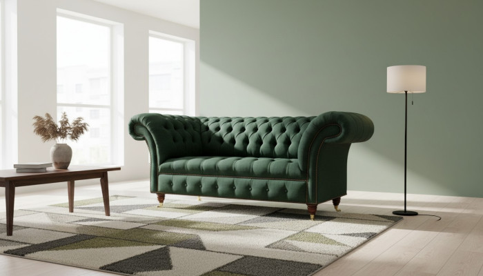 Chesterfield Sofa 2 miejsce do siedzenia Podkładka Sofy Green Luxury Fabric Sofy Włókienniczy