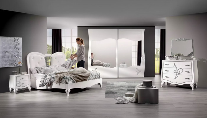 Sypialnia 5 szt. Zestaw Łóżko 2x Szafki nocne Szafa Modern Meble