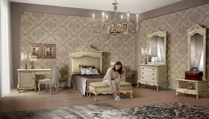 Sypialnia Zestaw Łóżko Stolik nocny Drewno Kredens Luxury Modern 7-częściowy. Nowy