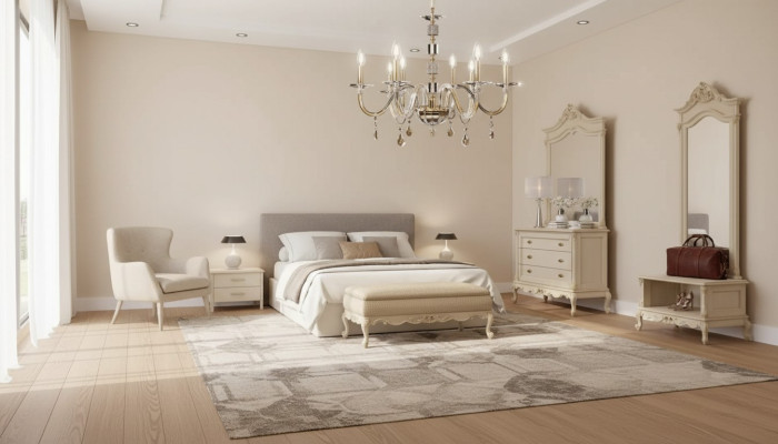 Sypialnia Zestaw Łóżko Stolik nocny Drewno Kredens Luxury Modern 7-częściowy. Nowy