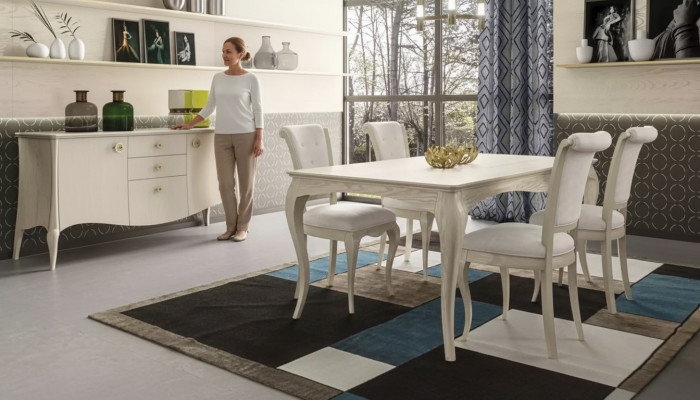 jadalnia Zestaw Biały Stół obiadowy 4x Krzesła Kredens Elegancki Design Nowy 6-częściowy.