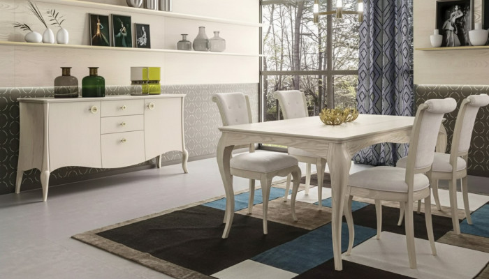jadalnia Zestaw Biały Stół obiadowy 4x Krzesła Kredens Elegancki Design Nowy 6-częściowy.