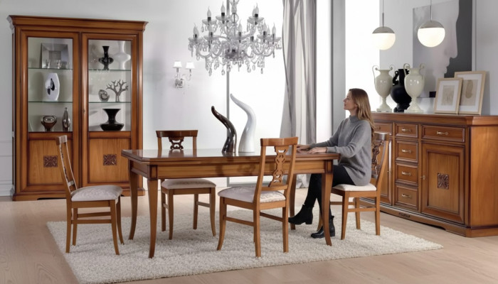 Design jadalnia Zestaw Ustaw 7-częściowy Drewno Meble 4x Krzesła Tabela Gablota Nowość