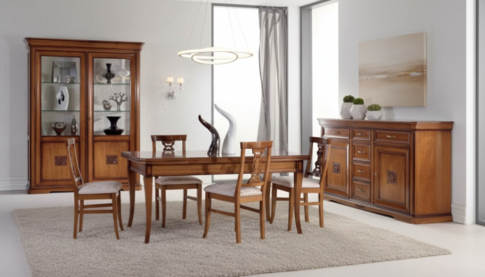 Design jadalnia Zestaw Ustaw 7-częściowy Drewno Meble 4x Krzesła Tabela Gablota Nowość
