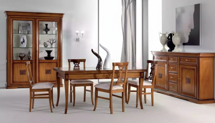 Design jadalnia Zestaw Ustaw 7-częściowy Drewno Meble 4x Krzesła Tabela Gablota Nowość