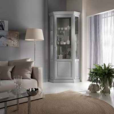 Narożnik Gablota Szafa Biały prezentuje salon o klasycznym designie Półka