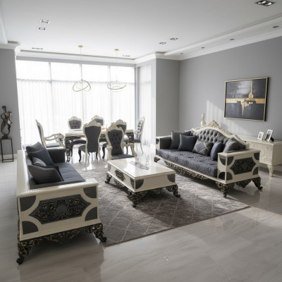 Luksusowy zestaw dwóch eleganckich sof 3-miejscowych do siedzenia, komplet wypoczynkowy wykonany z wysokiej jakości materiałów