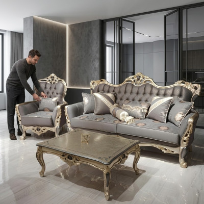 Elegancka Sofa z Fotel Zestaw sofowy Szary Relaks 2-częściowe Meble do Salonu
