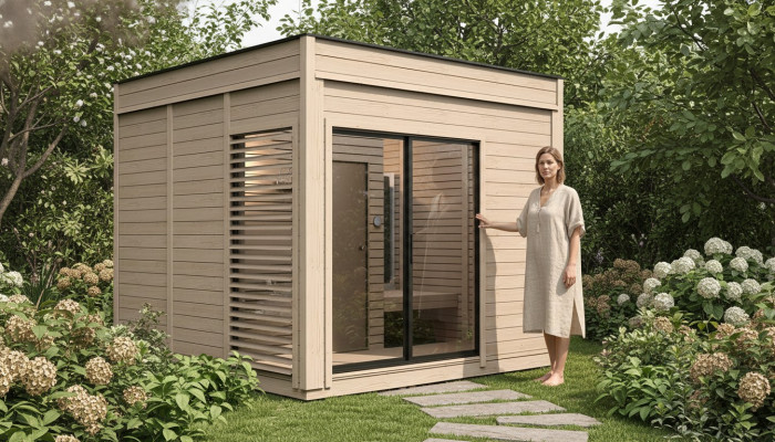 Sauna drewniana Sauna zewnętrzna Drewno Drewno sosnowe Domek saunowy z panoramicznym ogrodem