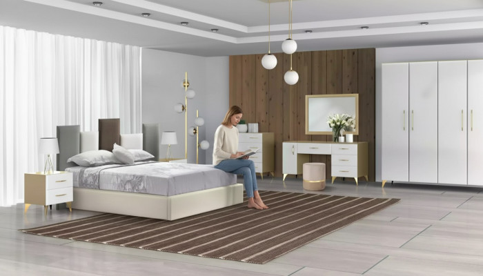 Sypialnia Zestaw Łóżko 2x Stolik nocny Kredens 7-częściowy luksusowy design