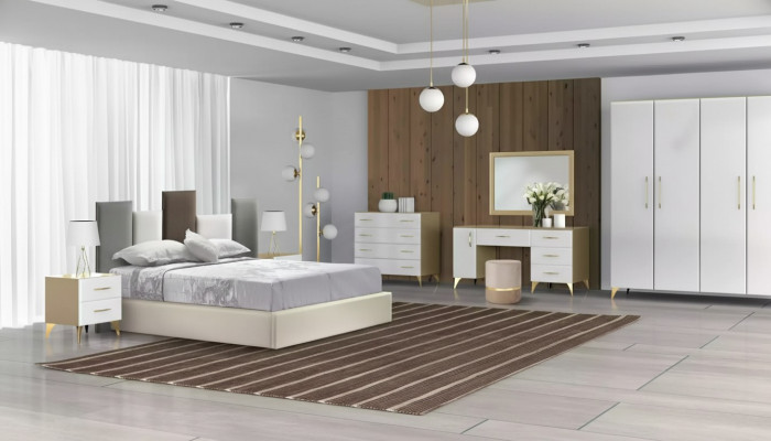 Sypialnia Zestaw Łóżko 2x Stolik nocny Kredens 7-częściowy luksusowy design