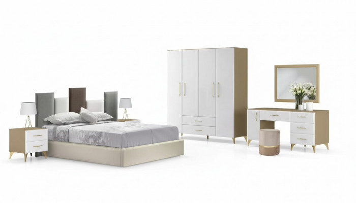 Sypialnia Zestaw Łóżko 2x Stolik nocny Kredens 7-częściowy luksusowy design