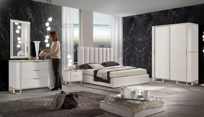 Łóżko 2x Szafki nocne Kredens Zestaw Sypialnia 6-częściowy Design Luxury nowość