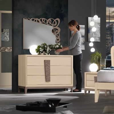 Sypialnia Zestaw Luxury Kredens Lustro Design Meble beżowy 3-częściowy Drewno