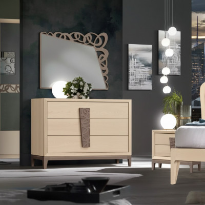 Sypialnia Zestaw Luxury Kredens Lustro Design Meble beżowy 3-częściowy Drewno