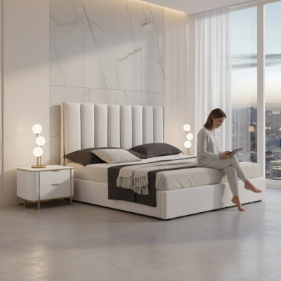 Sypialnia Zestaw Luksusowe Łóżko 2x Szafki nocne Design nowy Biały 3-częściowy Modern