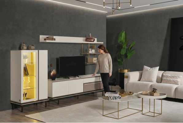 Biały designerski zestaw do salonu TV luksusowy LED Gablota Drewno Półka