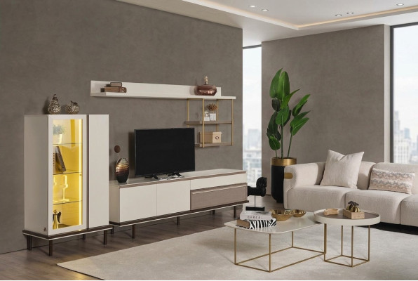 Biały designerski zestaw do salonu TV luksusowy LED Gablota Drewno Półka