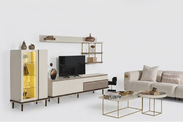 Biały designerski zestaw do salonu TV luksusowy LED Gablota Drewno Półka
