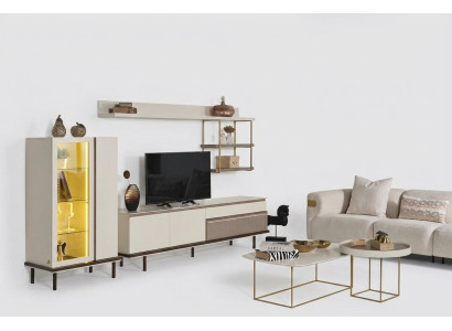 Biały designerski zestaw do salonu TV luksusowy LED Gablota Drewno Półka
