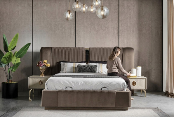 Brązowy Zestaw Sypialnia Designerskie Podwójne łóżko 2x Szafki nocne Luxury Meble