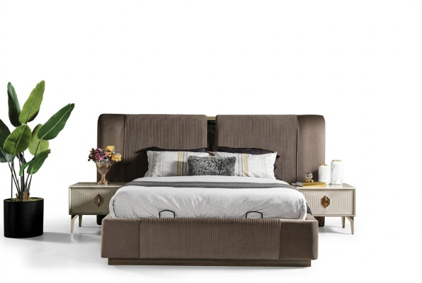 Brązowy Zestaw Sypialnia Designerskie Podwójne łóżko 2x Szafki nocne Luxury Meble