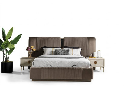 Brązowy Zestaw Sypialnia Designerskie Podwójne łóżko 2x Szafki nocne Luxury Meble