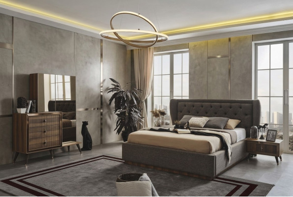 Nowoczesny zestaw Sypialnia Designerskie łóżko 2x Szafki nocne Kredens Lustro