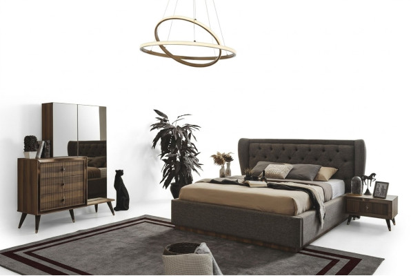 Nowoczesny zestaw Sypialnia Designerskie łóżko 2x Szafki nocne Kredens Lustro